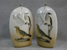 A pair of large contemporary transfer design ceramic vases with oriole birds, one perched on a