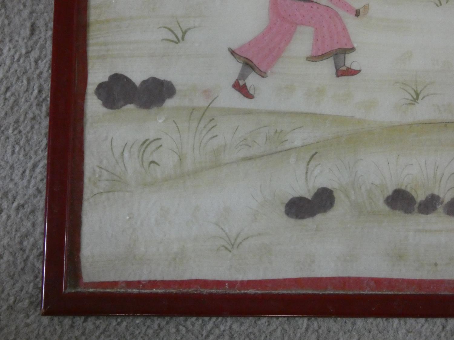 Two framed and glazed Indo-Persian silk paintings. One of a hunt on elephant back with wild - Image 12 of 15