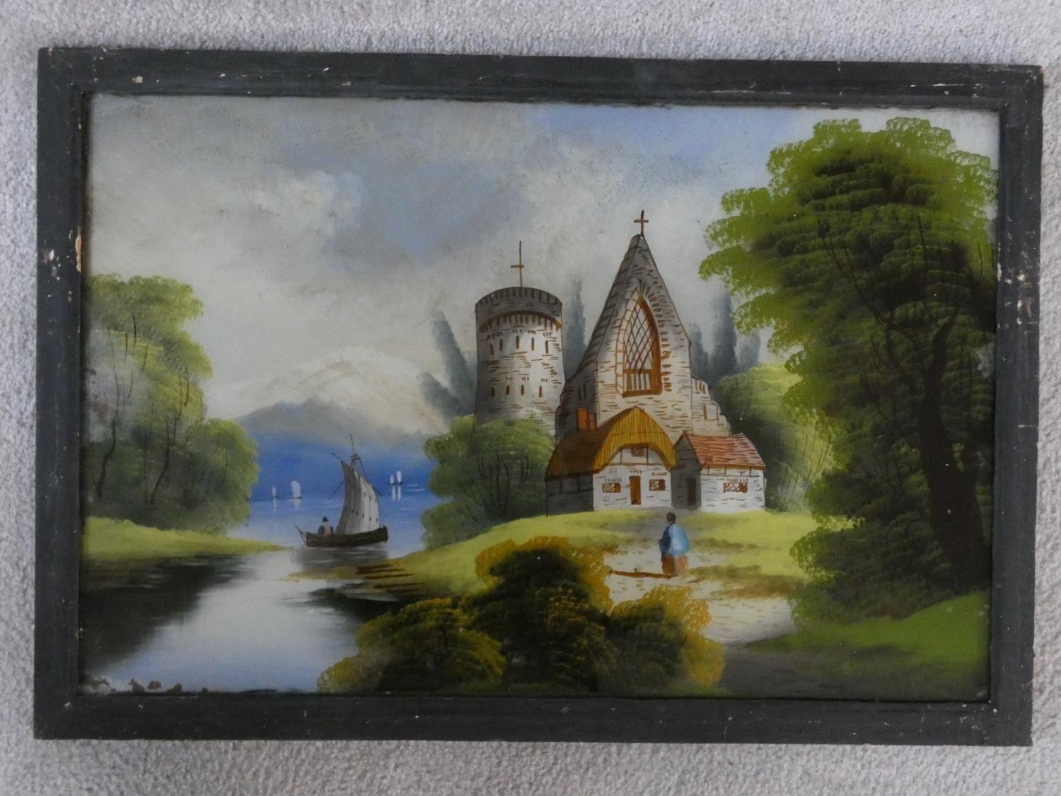 A pair of late 19th century reverse paintings on glass in ebonised frames, figures and boats in - Image 9 of 13