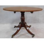 A 19th century mahogany tilt top tea table on swept quadruped supports terminating in brass cap