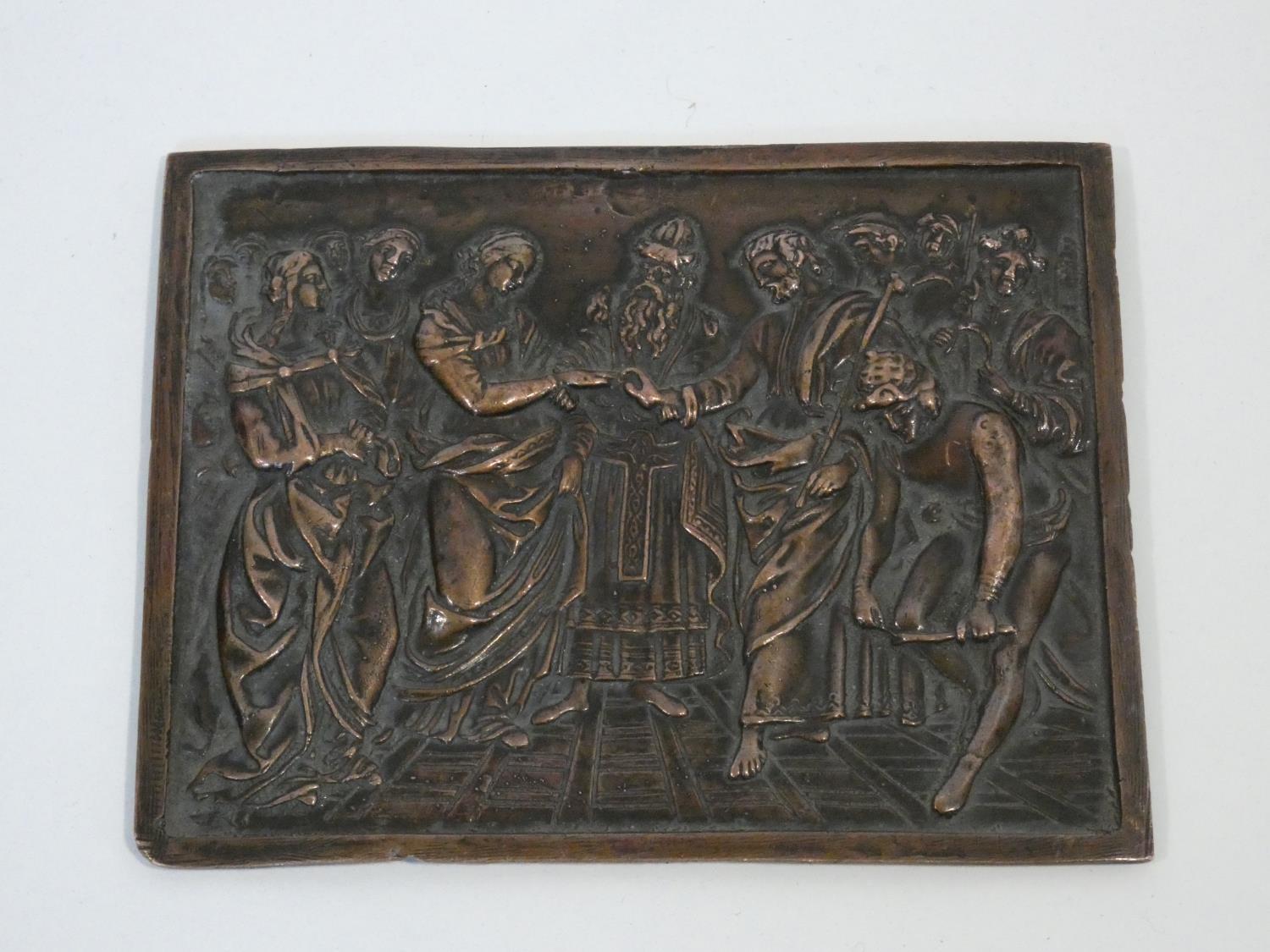 A late 18th century/early 19th century copper repousse plaque with religious scene. Intricately - Image 2 of 3