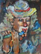 A framed oil on canvas, portrait study of a clown playing a flute. H.72xW.61cm