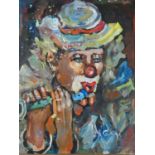 A framed oil on canvas, portrait study of a clown playing a flute. H.72xW.61cm