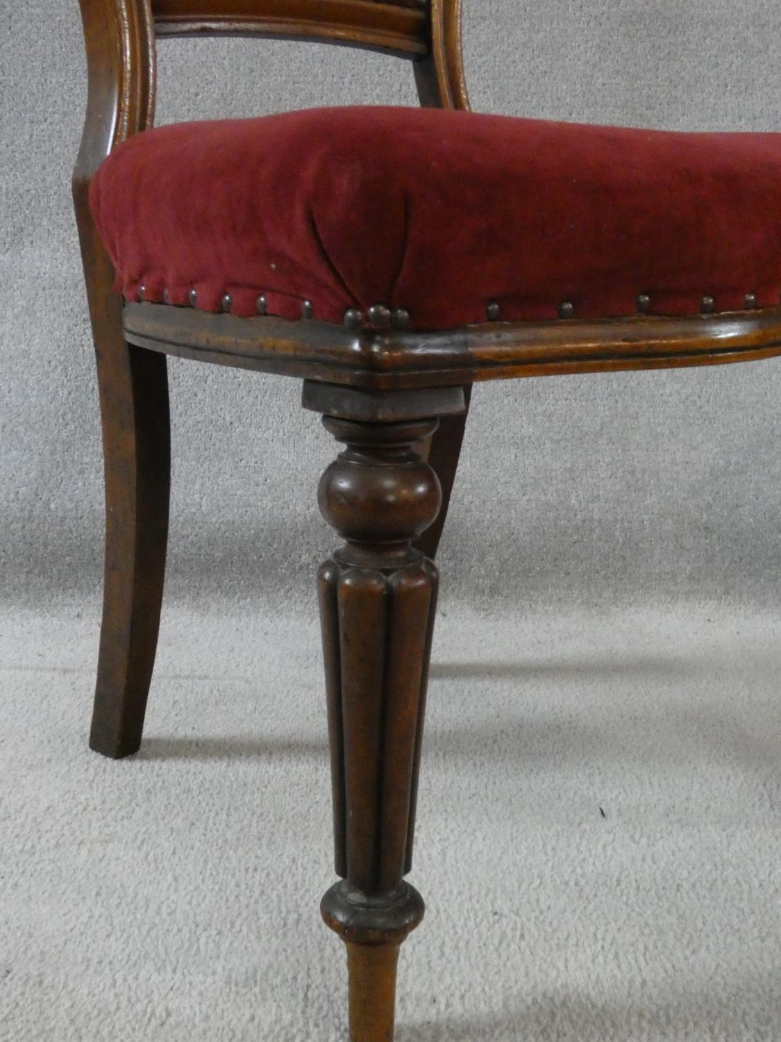 A set of four Victorian mahogany hooped back dining chairs in burgundy velour upholstery on reeded - Image 4 of 9