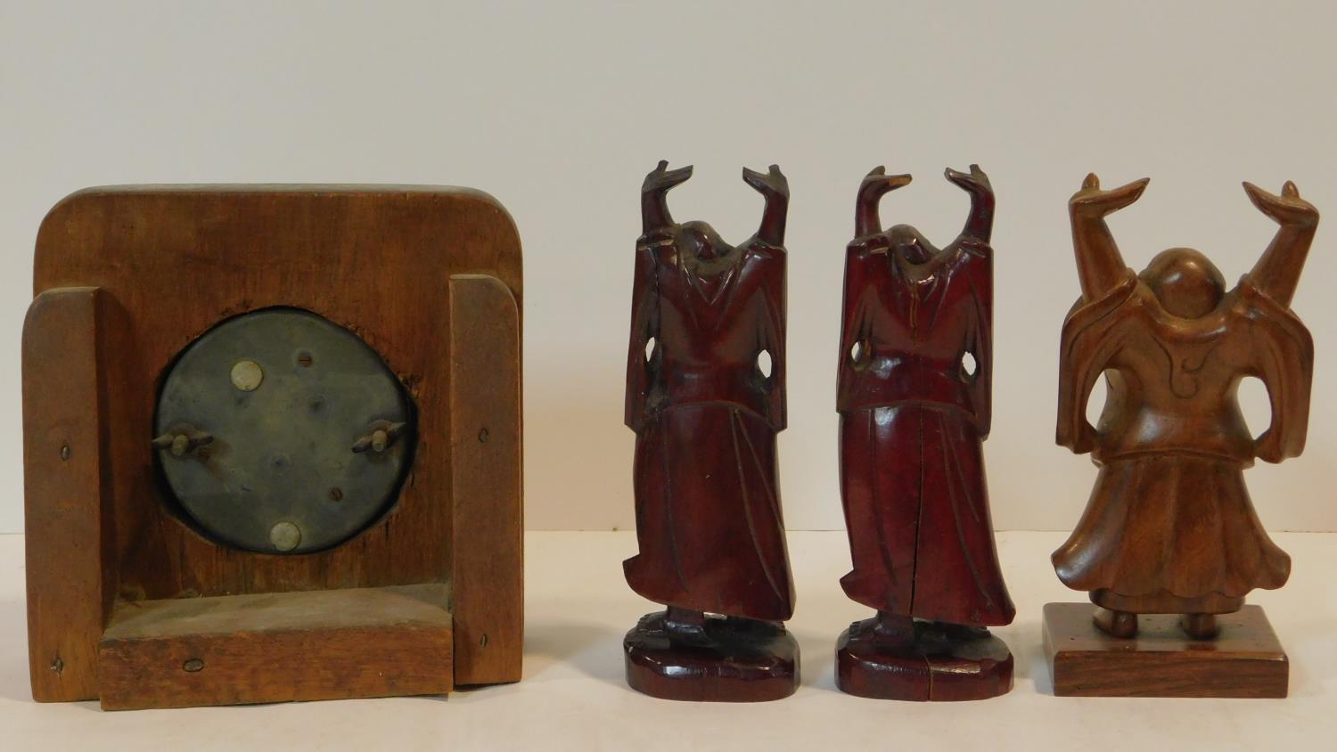 Three vintage carved Japanese hardwood happy Buddha's with raised arms, one with bone teeth along - Image 7 of 8