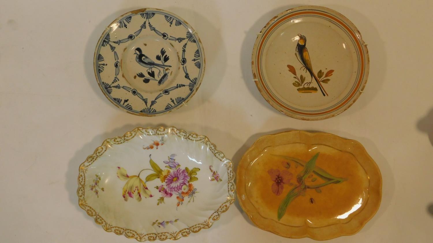 Four antique hand painted plates. Inlcluding a ceramic plate with a painted Spiderwort, two - Image 2 of 8