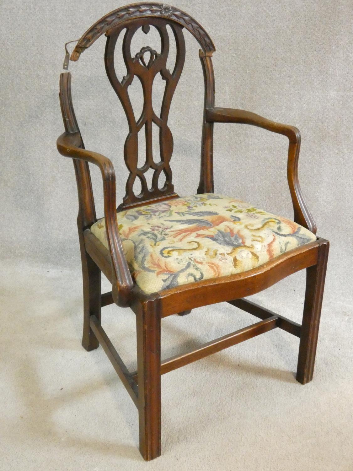 A Georgian mahogany Hepplewhite style open armchair with bird and flower tapestry drop in seat ( - Image 8 of 12