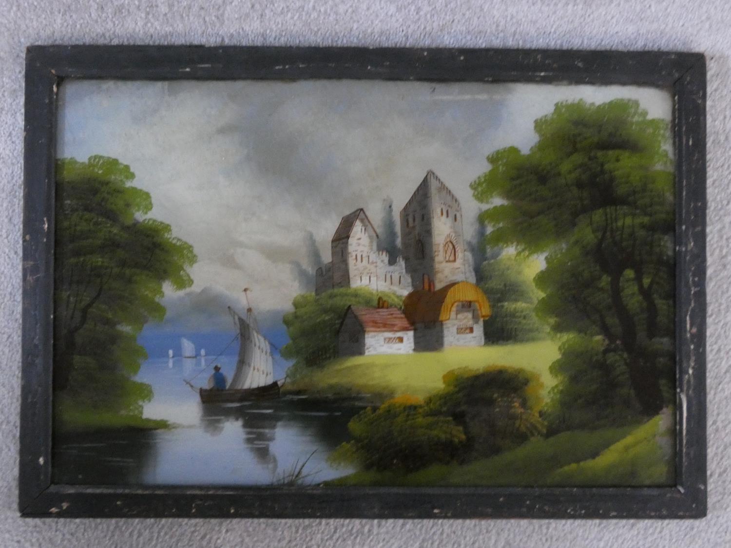 A pair of late 19th century reverse paintings on glass in ebonised frames, figures and boats in - Image 3 of 13