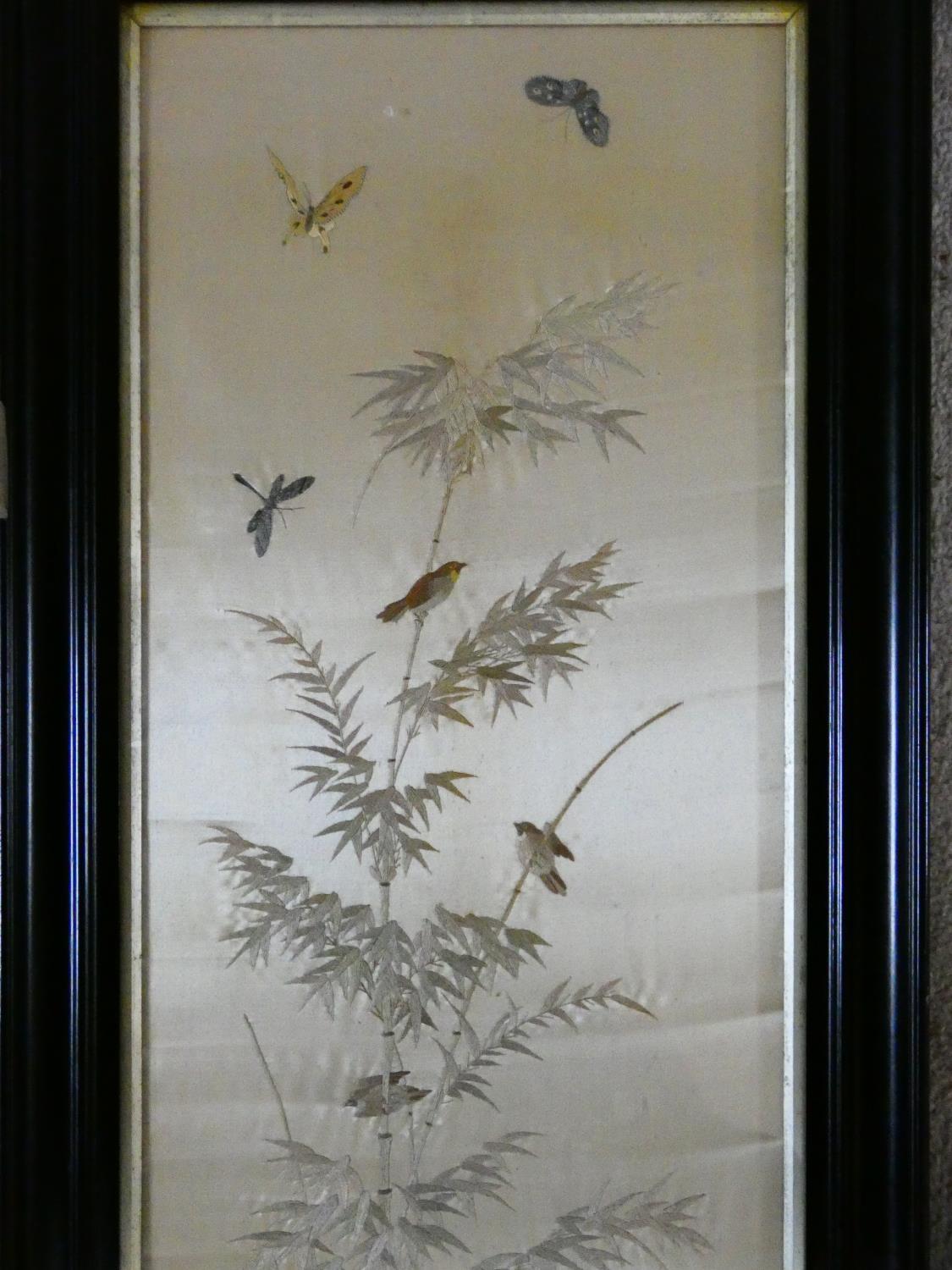 A late 19th century framed and glazed Chinese silk embroidery of a peacock with birds, butterflies - Image 3 of 7