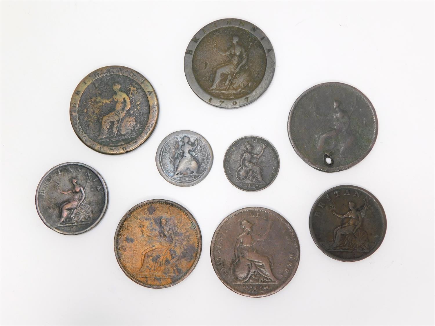 A collection of nine 19th century George III and George IV coins. Including two cartwheel pennies - Image 2 of 2