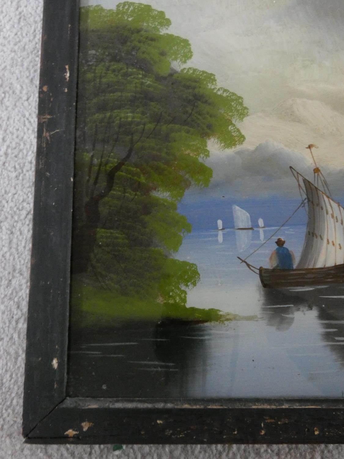 A pair of late 19th century reverse paintings on glass in ebonised frames, figures and boats in - Image 5 of 13