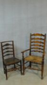 A 19th century elm ladderback dining chair together with an antique style ladderback rush seated