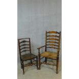 A 19th century elm ladderback dining chair together with an antique style ladderback rush seated