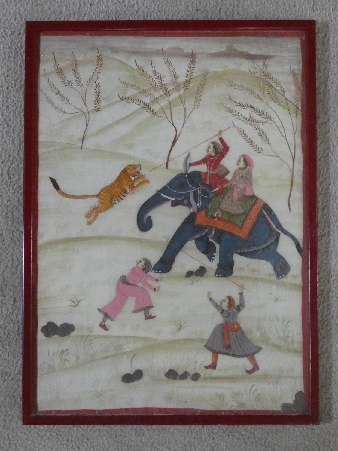 Two framed and glazed Indo-Persian silk paintings. One of a hunt on elephant back with wild - Image 10 of 15