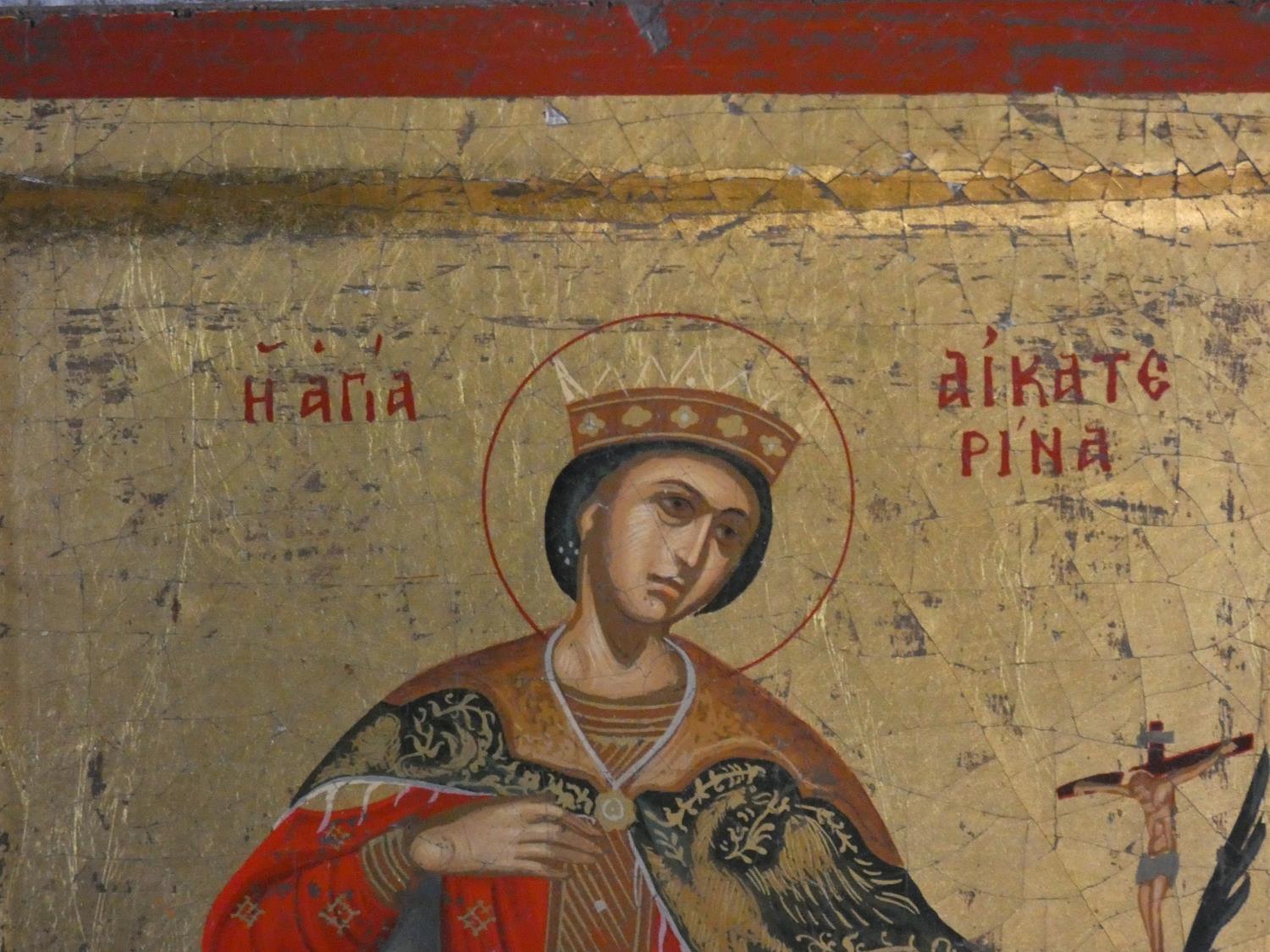 A certified copy of a Byzantine painted icon of Saint Catherine on panel with gilded detailing. H. - Image 3 of 4