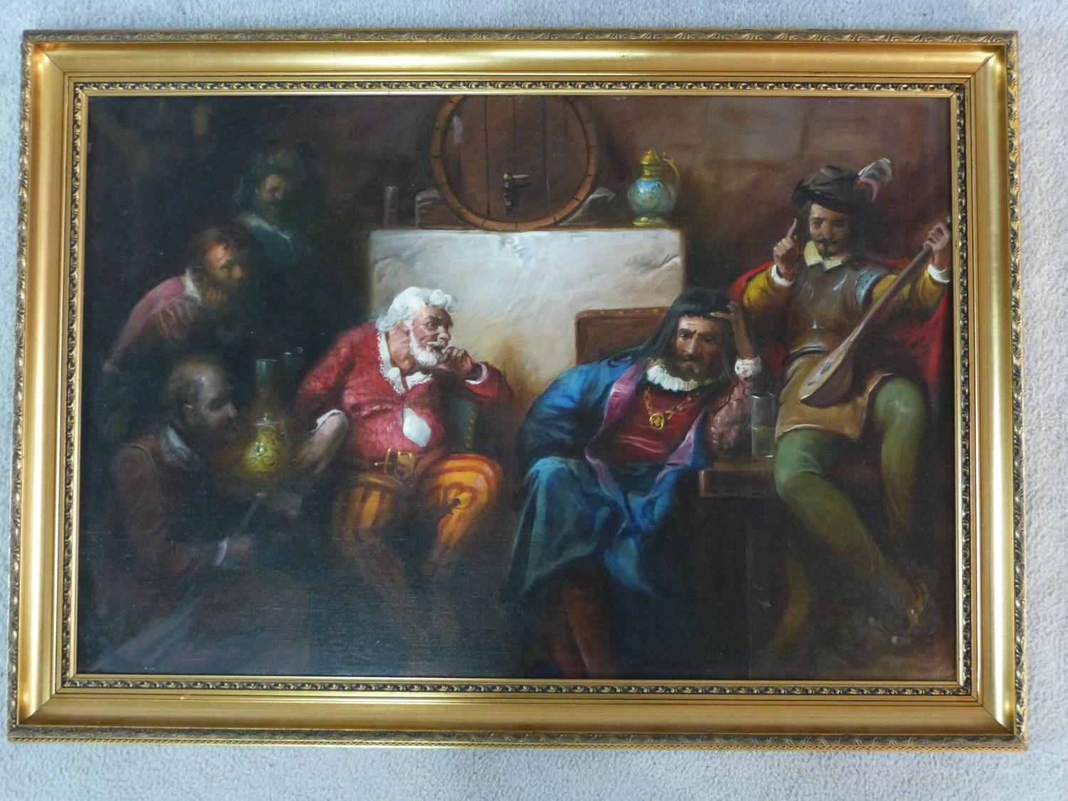 A gilt framed oil on canvas, medieval court scene, signed Gabris. H.74xW.105cm - Image 2 of 4