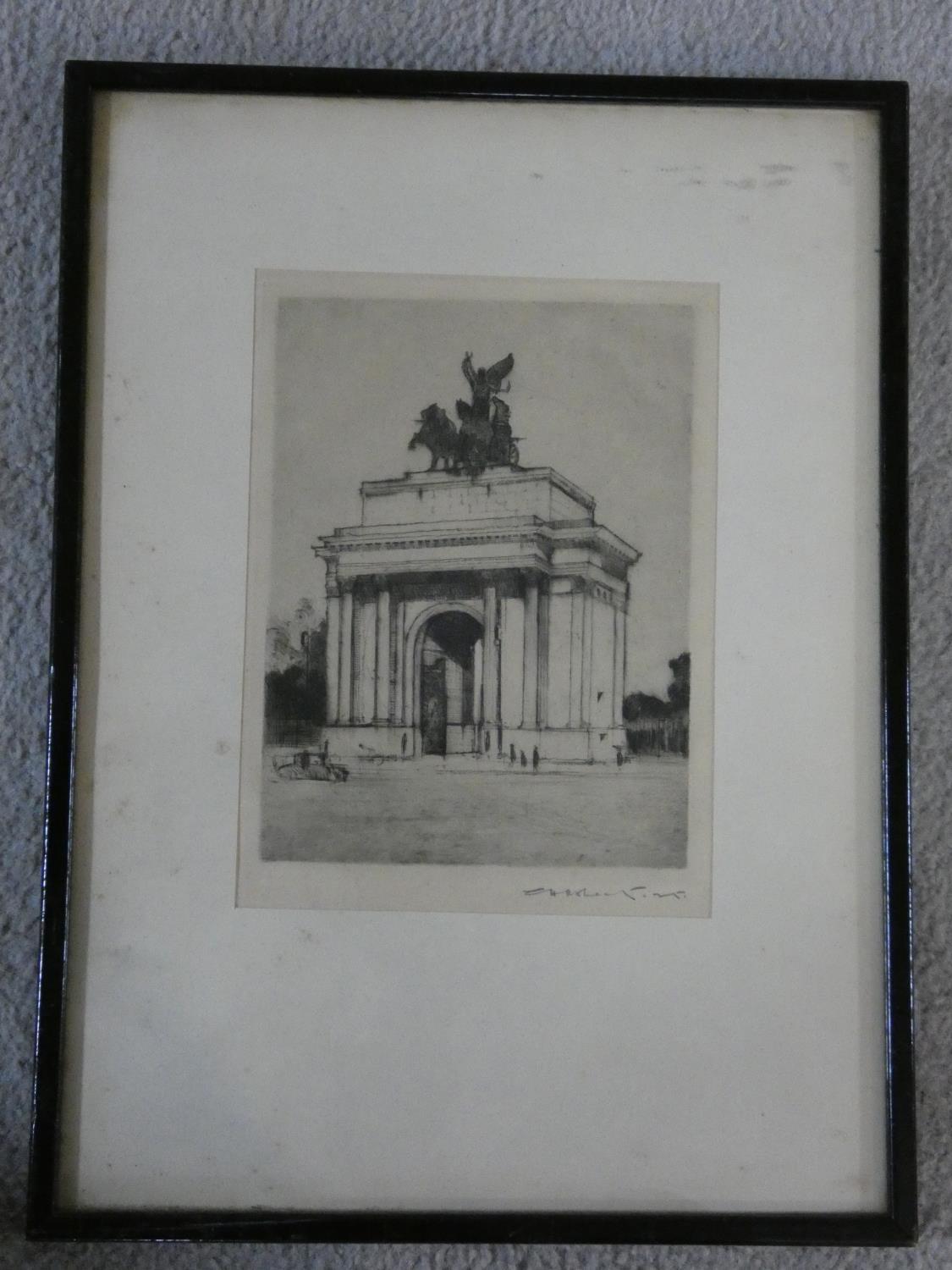 A framed and glazed etching of Wellington Arch, indistinctly signed, a 19th century coloured etching - Image 4 of 9