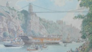 A framed and glazed limited edition print (772/850), boat under the Clifton Bridge, Bristol -