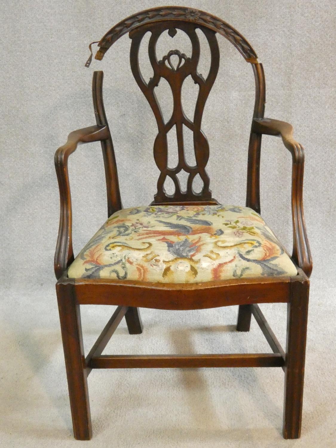 A Georgian mahogany Hepplewhite style open armchair with bird and flower tapestry drop in seat ( - Image 7 of 12
