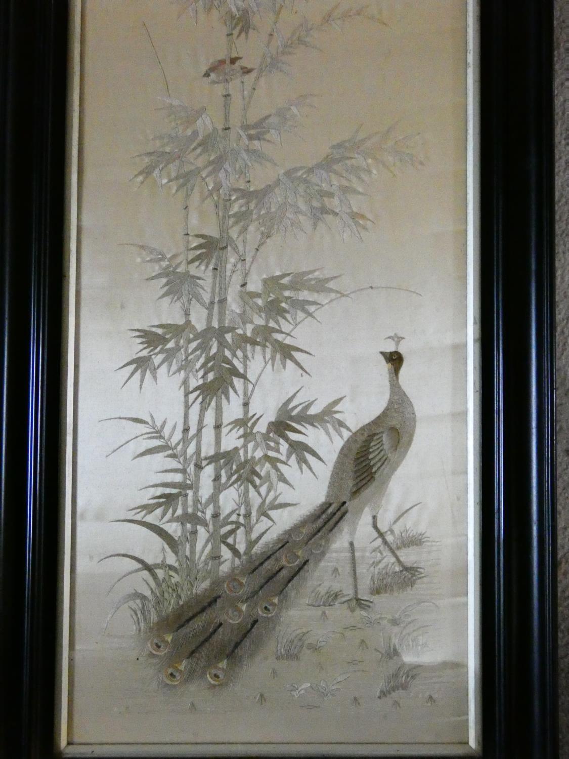 A late 19th century framed and glazed Chinese silk embroidery of a peacock with birds, butterflies - Image 2 of 7