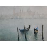 An unframed oil on canvas, Venetian scene, gondoliers with St, Mark's in the distance, signed and