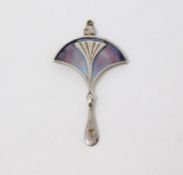 A Scottish silver and purple and blue enamel Art Nouveau style fan design drop pendant by Scottish