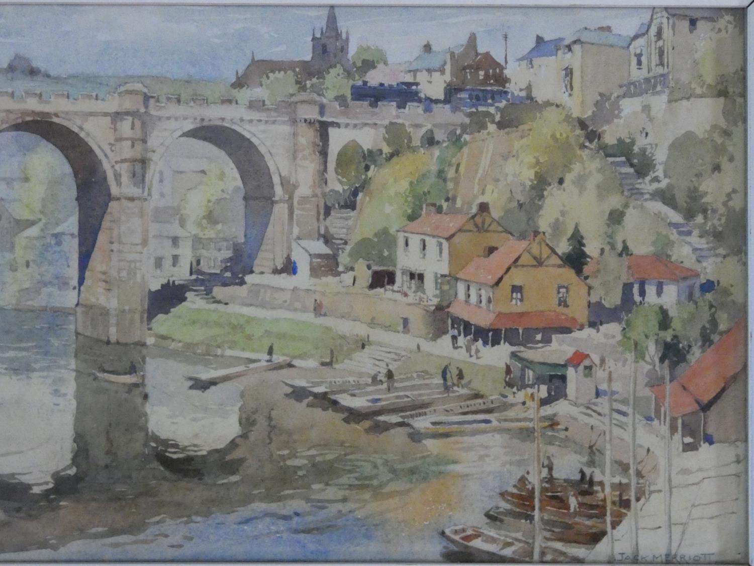 Jack Merriott (1901-1968) a framed and glazed watercolour, village with bridge on a river, signed - Image 4 of 7