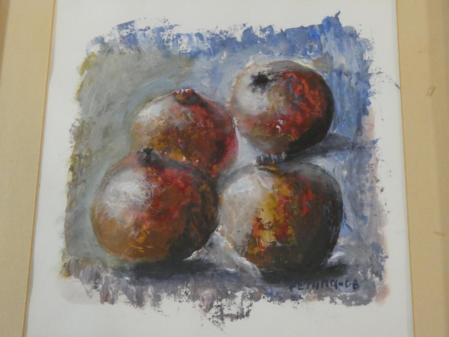 A framed and glazed acrylic still life study of pomegranates, indistinctly signed. H.69xW.49cm