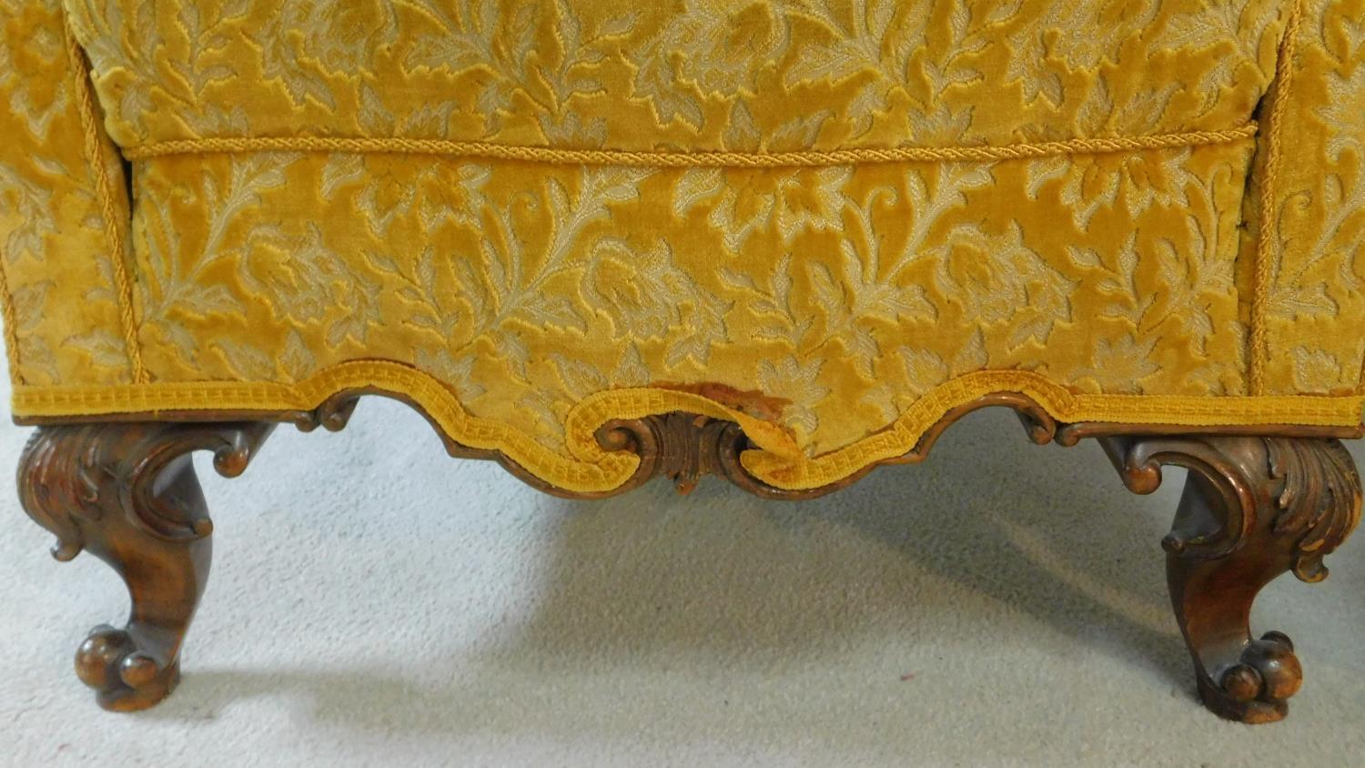 A pair of Georgian style armchairs in gold cut floral upholstery on walnut carved cabriole supports. - Image 9 of 10