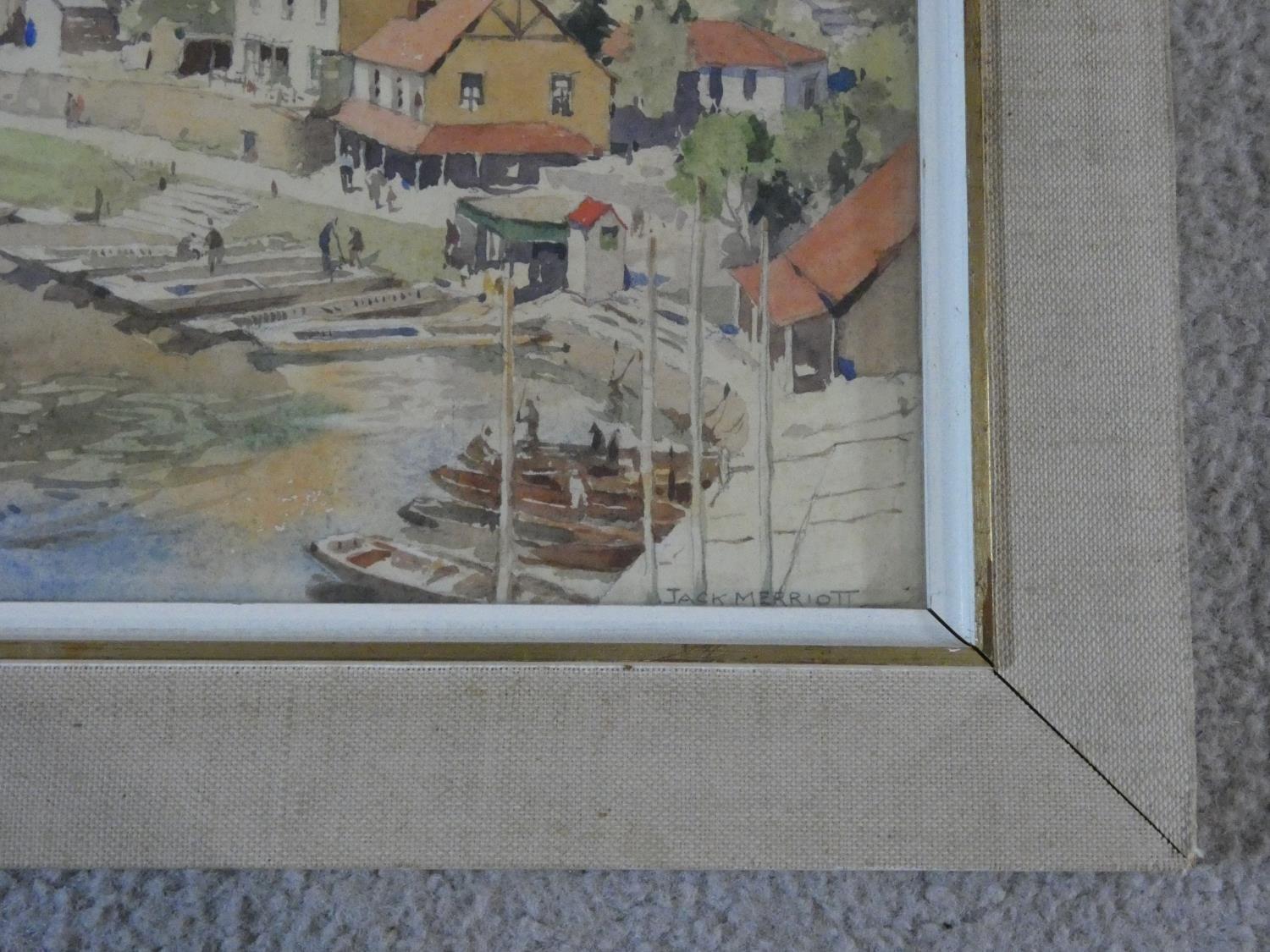 Jack Merriott (1901-1968) a framed and glazed watercolour, village with bridge on a river, signed - Image 6 of 7