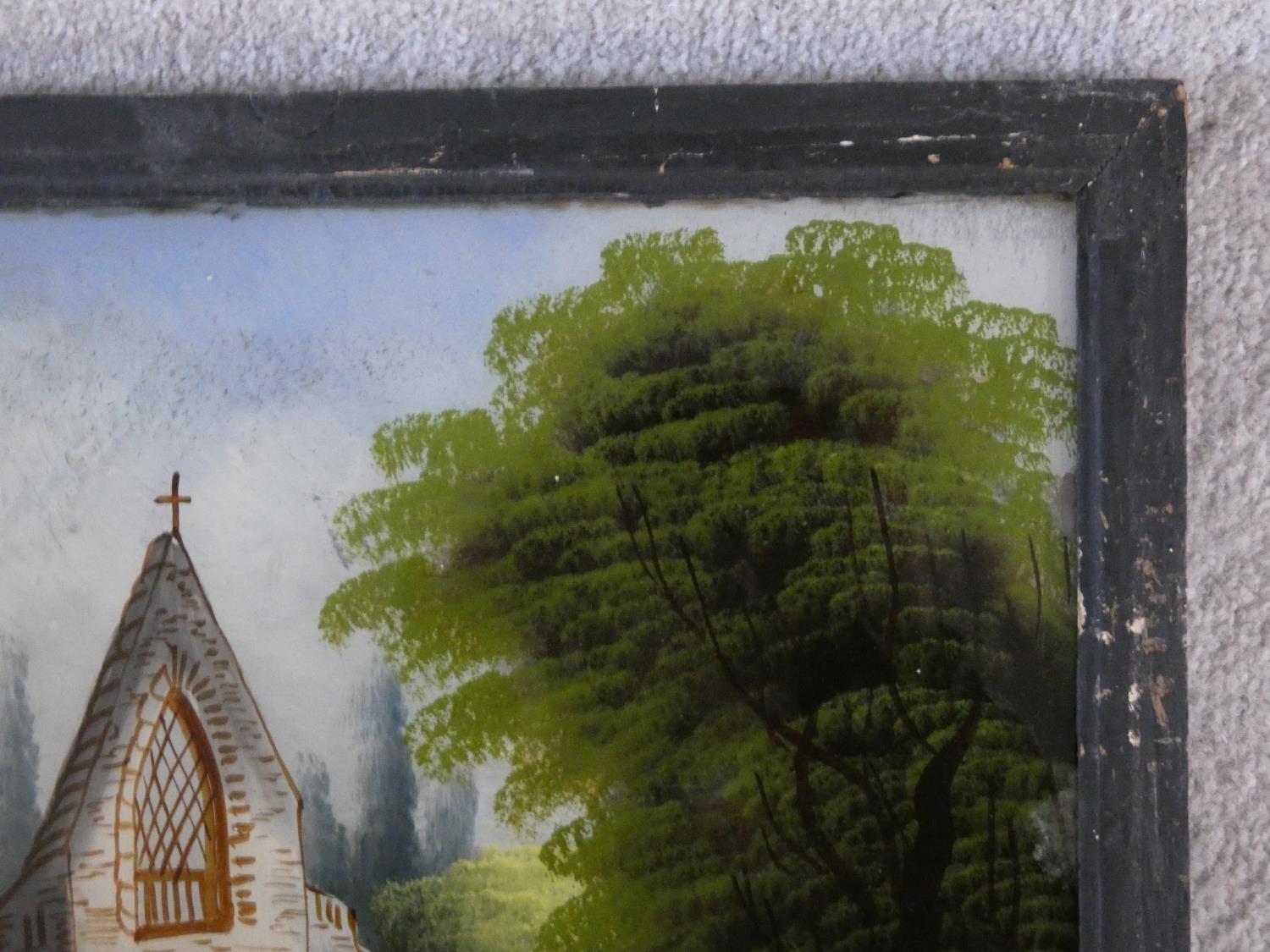 A pair of late 19th century reverse paintings on glass in ebonised frames, figures and boats in - Image 12 of 13