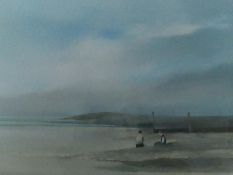 A framed and glazed acrylic on paper by contemporary artist John Bond, figures on a beach, signed.