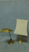 A vintage brass banker's desk lamp and a brass table lamp. H.68cm