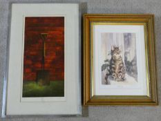 A framed and glazed signed limited edition print, seated cat entitled "Waiting" and another framed