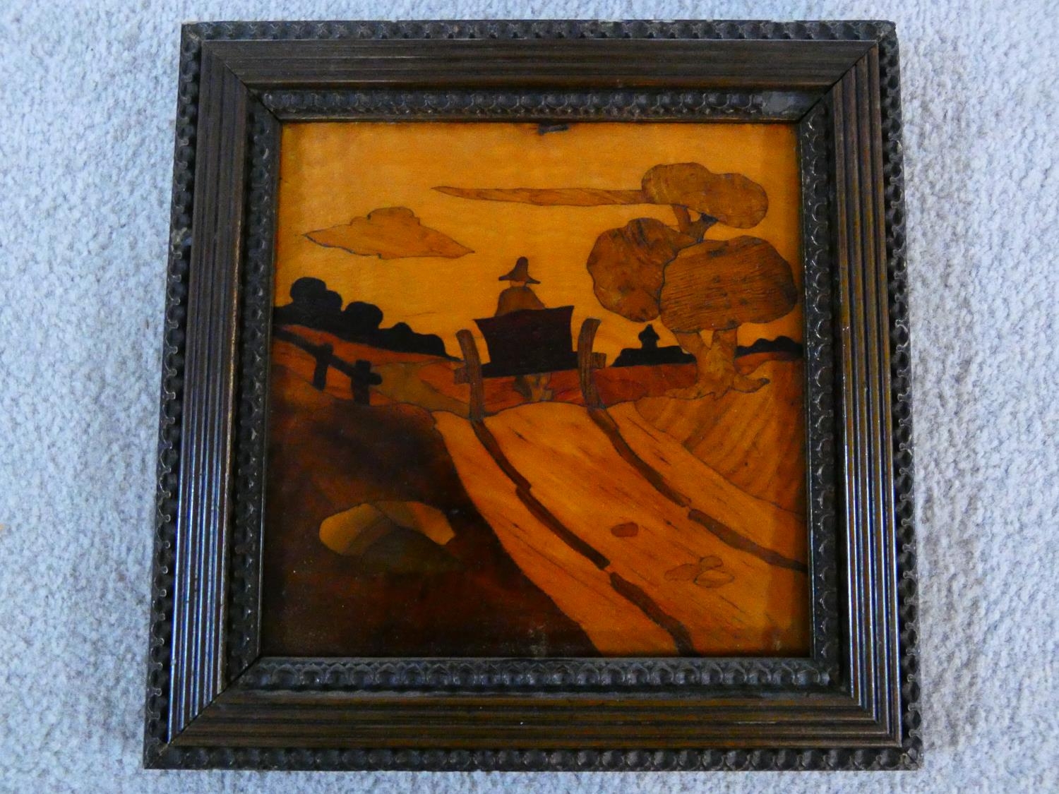 A pair of oak framed late 19th century parquetry panels, rural Dutch scenes in a variety of specimen - Image 2 of 9