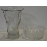 A large crystal vase with frosted leaf design and a cut crystal fruit bowl with star cut base. H.