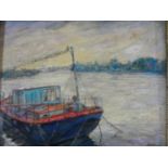 A gilt framed oil on card, A Chiswick Houseboat, indistinctly signed, label to the reverse. H.46xW.