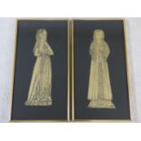 A pair of gilt framed and glazed brass rubbing panels, medieval figures. H.65xW.34cm