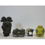 A Tang style head of a warrior, a miniature Tang style horse, a lidded Chinese ginger jar and a