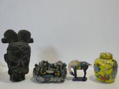 A Tang style head of a warrior, a miniature Tang style horse, a lidded Chinese ginger jar and a