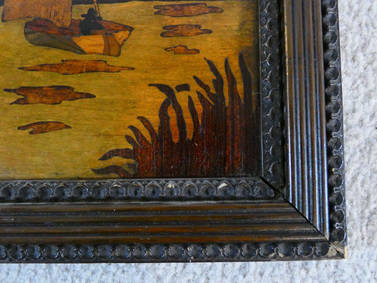 A pair of oak framed late 19th century parquetry panels, rural Dutch scenes in a variety of specimen - Image 8 of 9