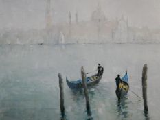 An unframed oil on canvas, Venetian scene, gondoliers with St, Mark's in the distance, signed and