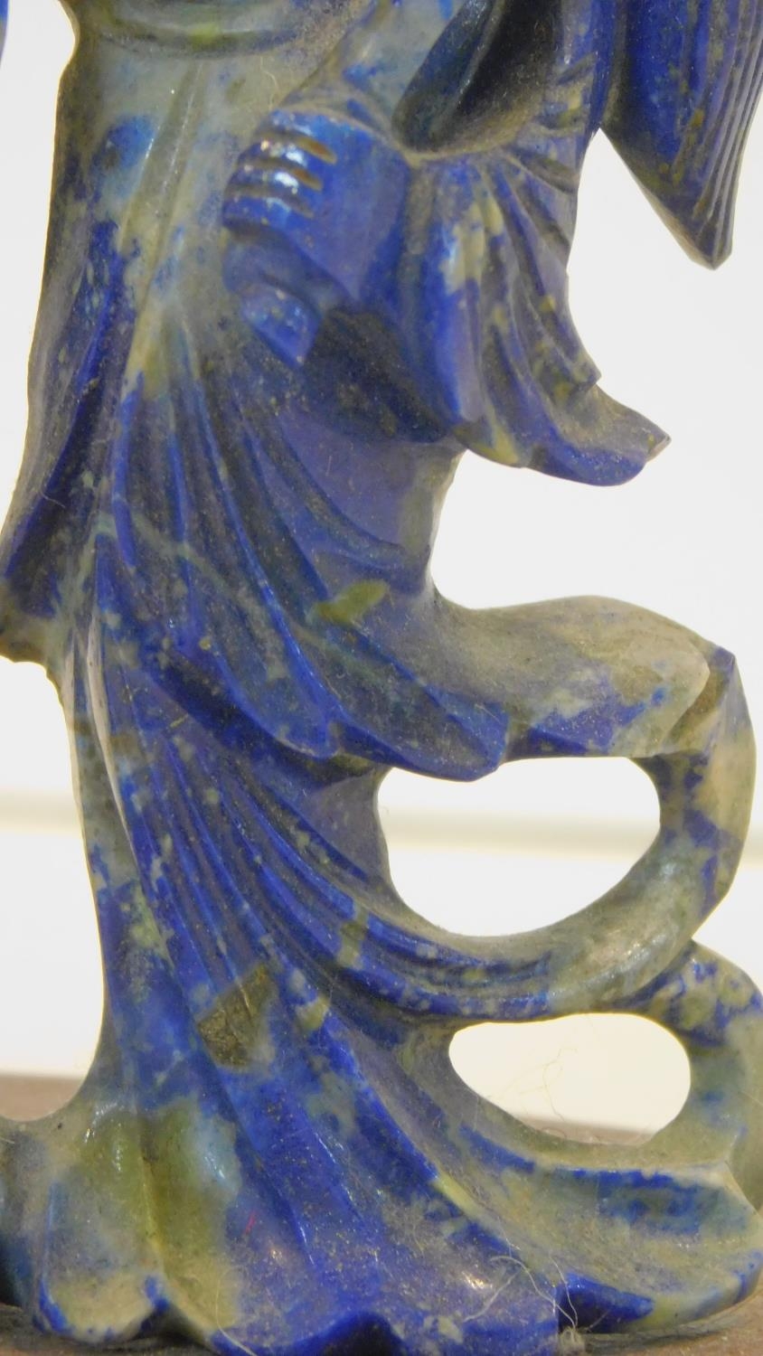 A Chinese lapis lazuli carved figure group, two figures performing a ceremonial dance on oval oak - Image 4 of 7