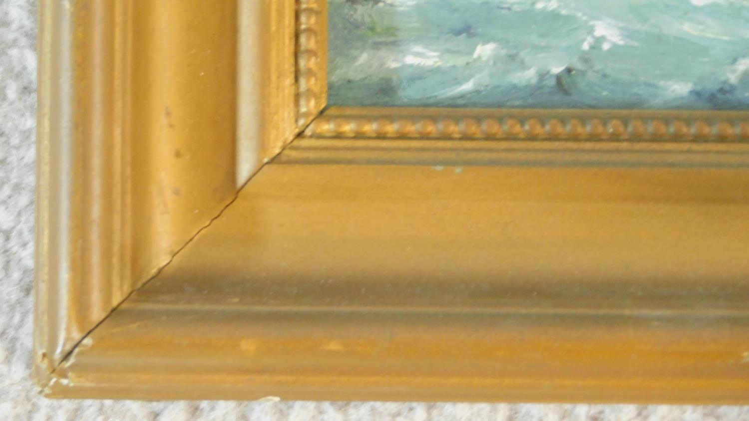 A gilt framed oil on board, fighting galleons and two framed and glazed watercolours, sailing ships. - Image 6 of 9