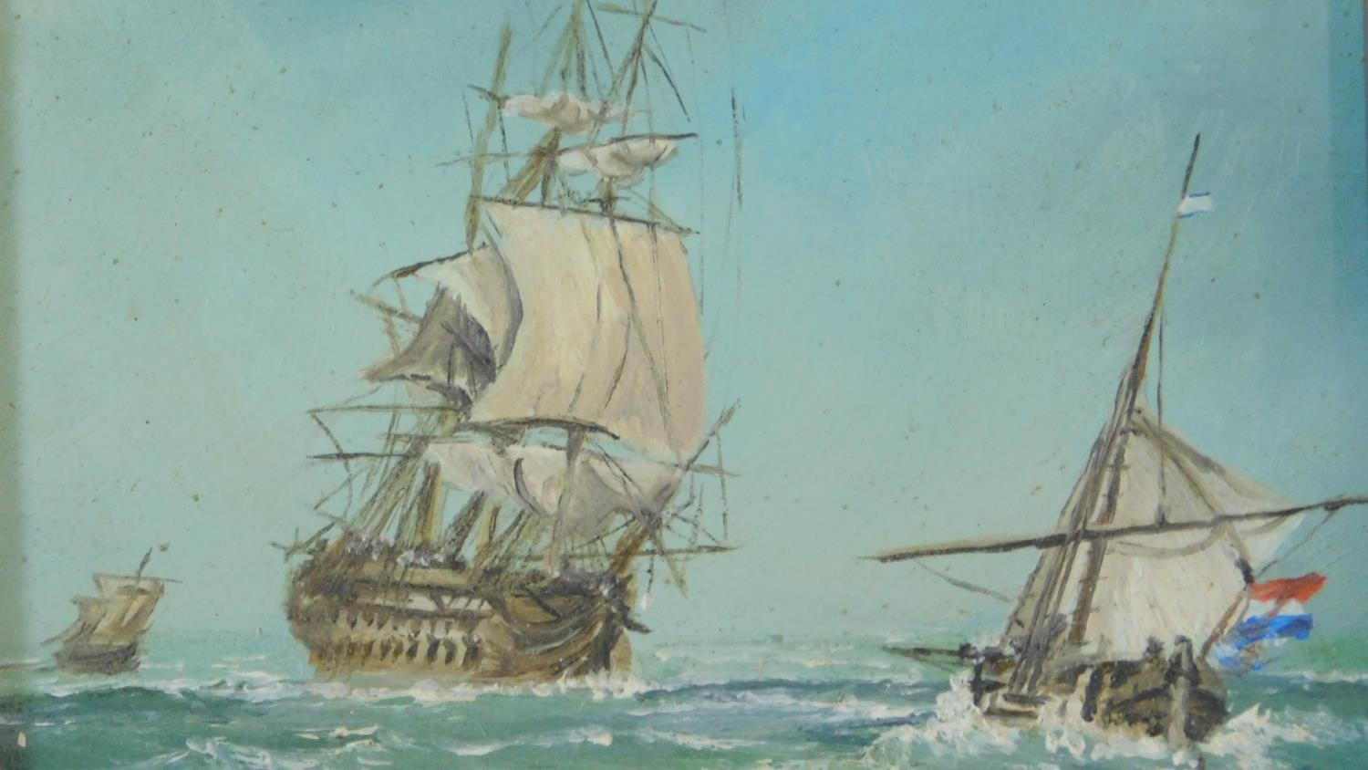 A gilt framed oil on board, fighting galleons and two framed and glazed watercolours, sailing ships. - Image 4 of 9