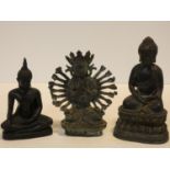 Three Eastern bronze seated figures, two Buddhas and the Cundi Bodhisattva. H.23cm (tallest).
