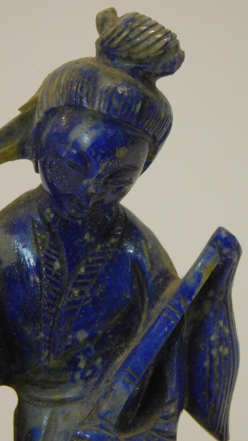 A Chinese lapis lazuli carved figure group, two figures performing a ceremonial dance on oval oak - Image 3 of 7