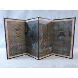 A Meiji period Japanese hand painted three fold screen with gilded background and temple scene, with