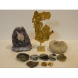 A gilt metal model of a nugget of gold on a stand, an amethyst rock sample and a miscellaneous