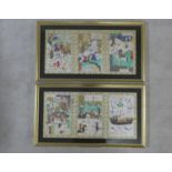 Two framed and glazed Indo-Persian silk paintings depicting various scenes including a game of polo,